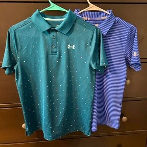 Set of 2 Under Armour size L Boys Polo shirts. Teal and blue w/gray stripes!